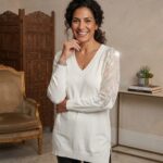 Marlene Knit – Πολυτελές Πουλόβερ Βισκόζης με Διαφάνεια & Κέντημα ασπρο